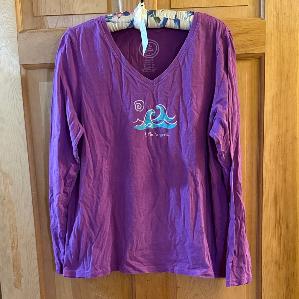 Life Is Good Purple V-Neck Long Sleeve T-Shirt with Wave Graphic